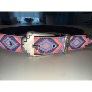 VTG  Nuovo Geometric Aztec Western Belt Silver Buckle Women S/M Blue Pink Coral